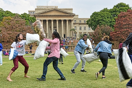 Traditional pillow fight on library lawns